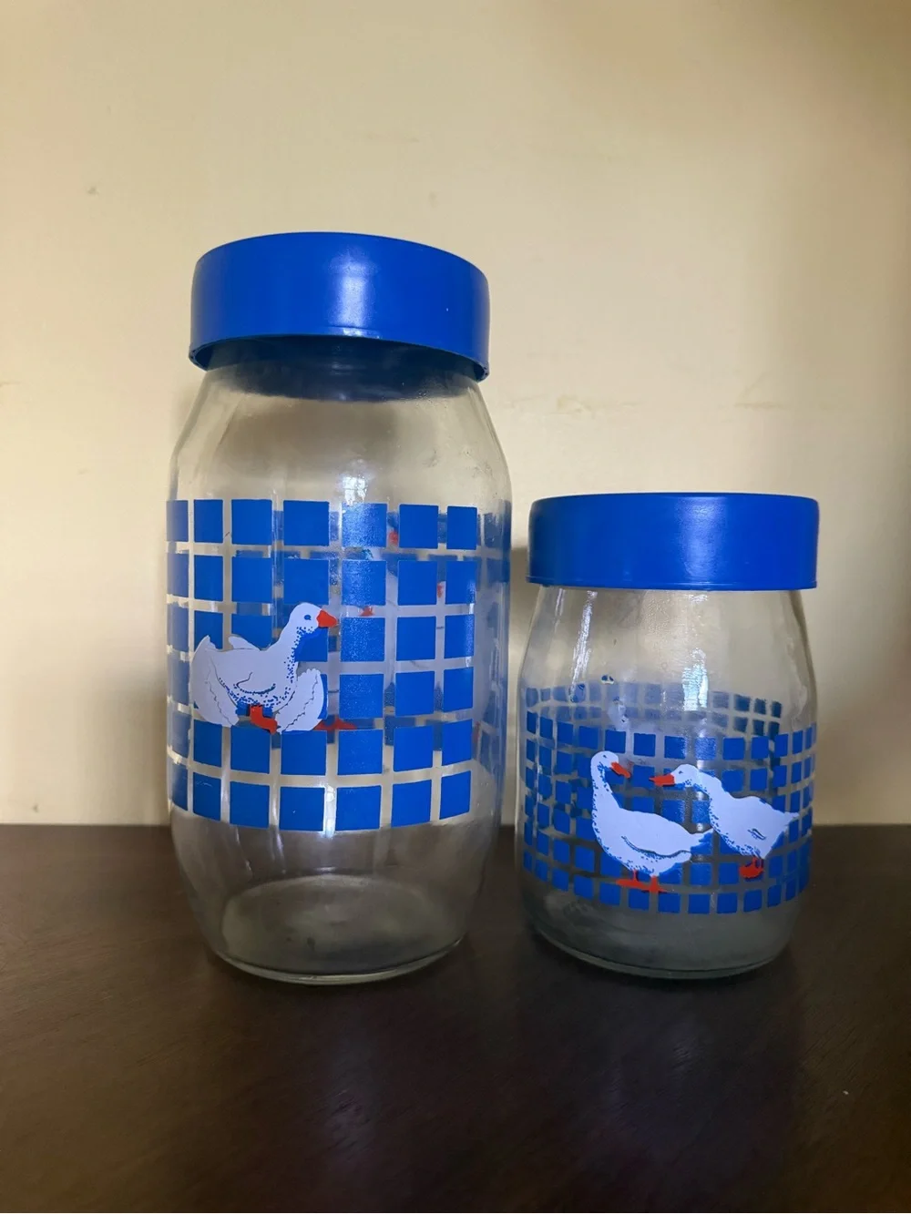 Vintage Glass Canister Jars with Blue Lids and Goose Motif